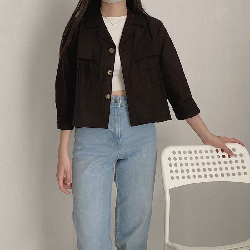 Claryn Outer Linen Crop Version Kemeja Linen Atasan Wanita Kardigan Saku k3