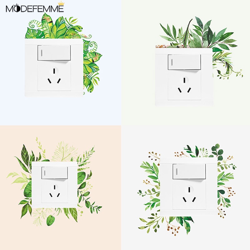 Stiker Saklar Dinding Motif Daun Hijau Dengan Perekat Untuk Dekorasi Ruangan