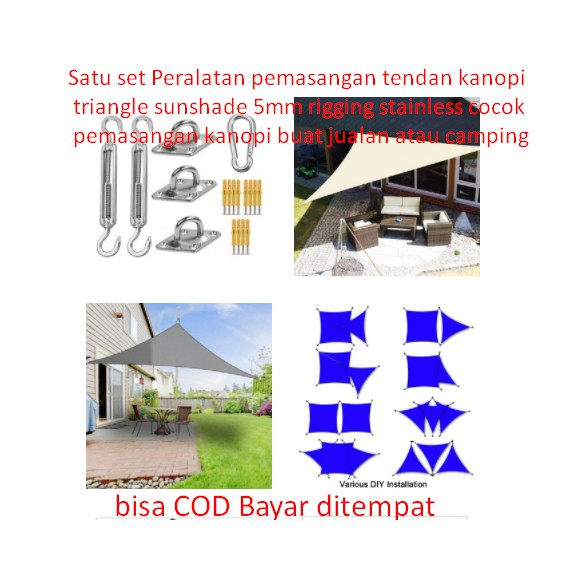 Satu set Peralatan pemasangan tendan kanopi triangle sunshade 5mm rigging stainless cocok pemasangan