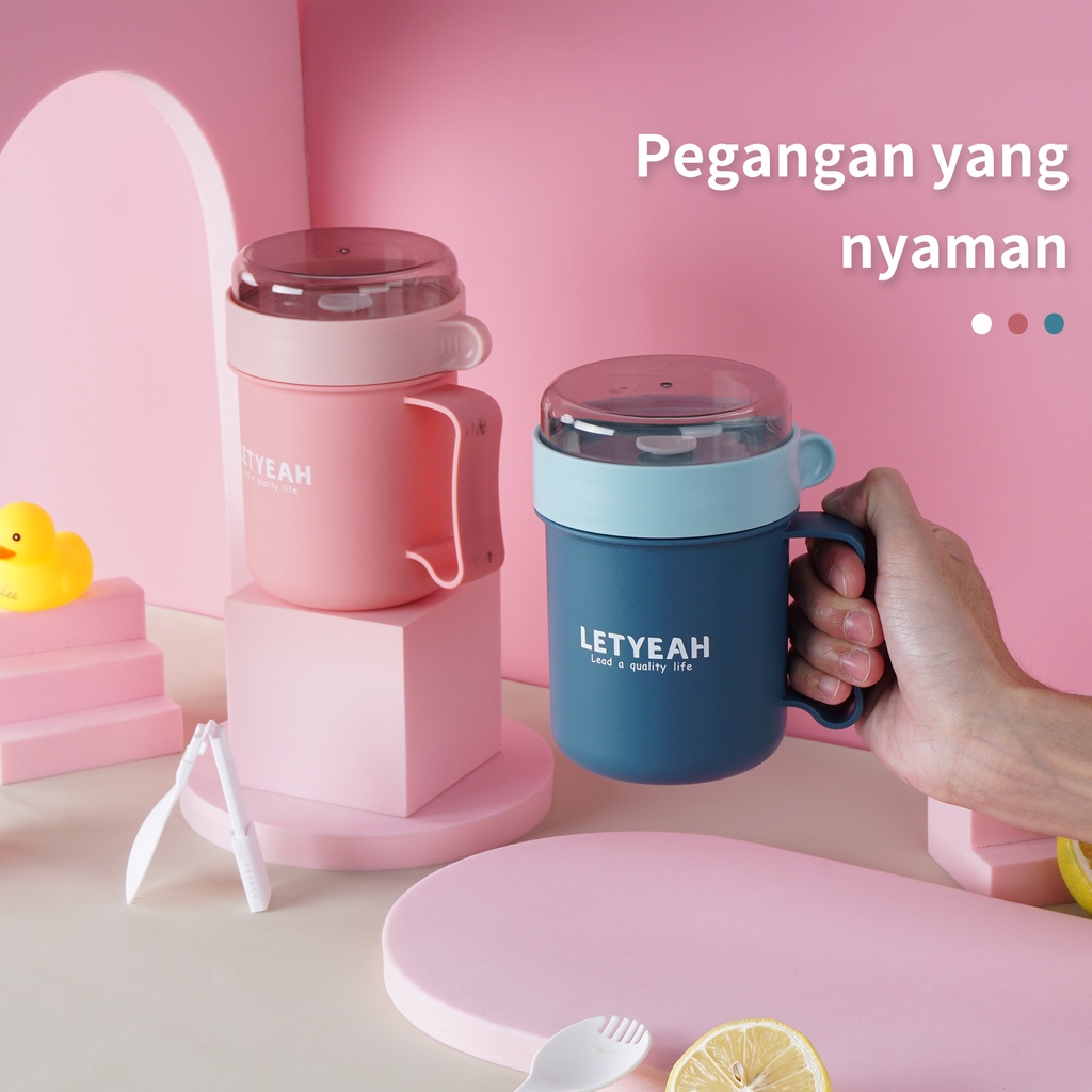 Letyeah &amp; Anantagt cangkir sarapan 500ml sendok gratis/cangkir sup Kopi Susu Oatmeal Multifungsi/cangkir sup anti tumpah portable Transparan/sup cup breakfast cup