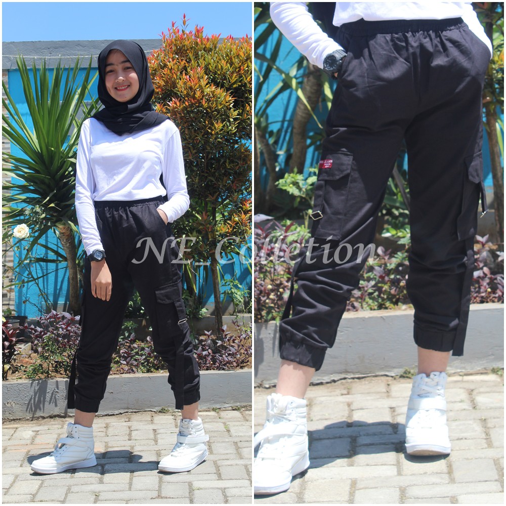 Celana Jogger Tactical Celana Cargo Slim Fit Wanita Zailna Skirt Warna Hitam