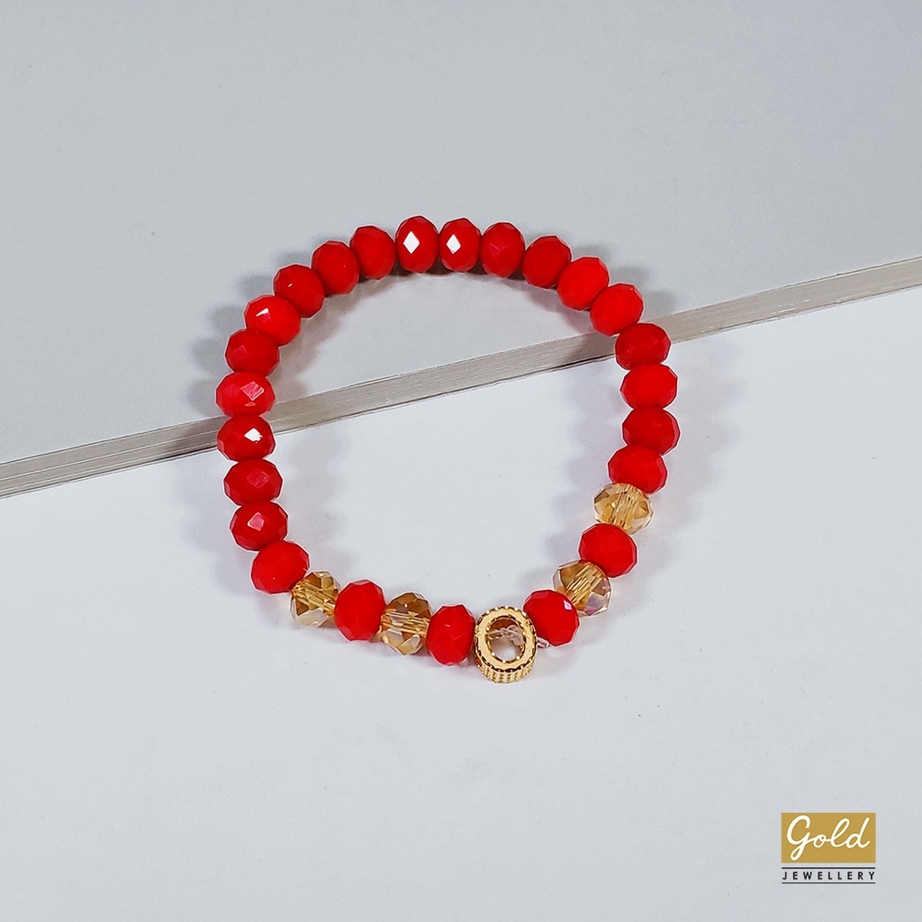 Gelang tali emas kuning kadar 700 70% charm inisial O bsr batu merah