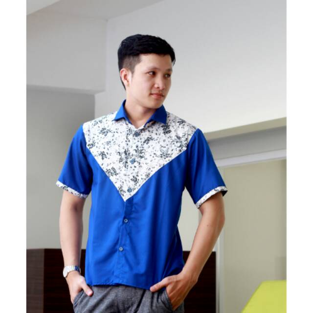 Kemeja Batik Kombinasi Biru M L XL XXL