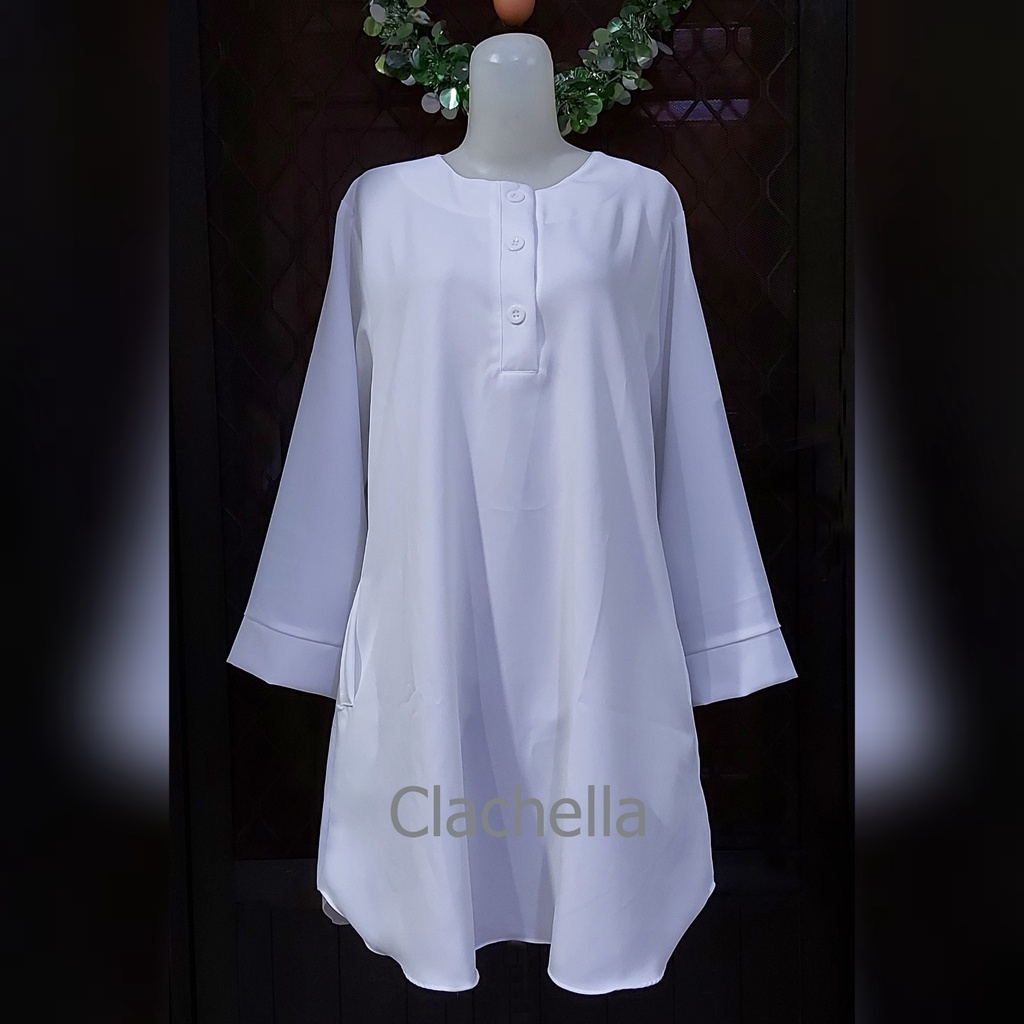 Clachella Baju Tunik Putih Motif Polos, Baju Atasan Wanita T1B8019