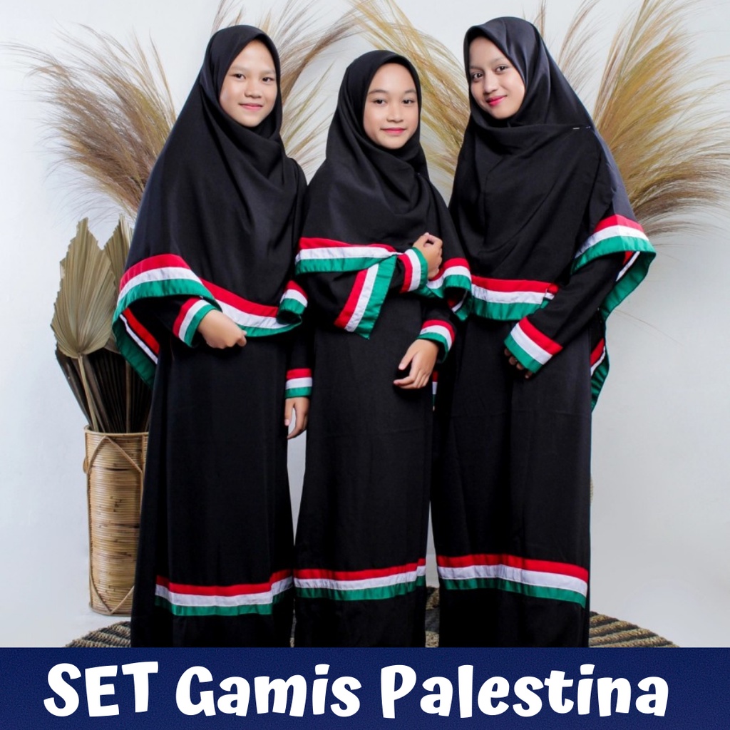 SET Dress gamis palestina wanita dewasa + Khimar wolfis premium Baju Gamis Fashion Muslim syari pale