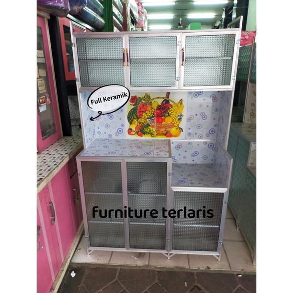 Rak piring 3 pintu alumunium full keramik lemari piring alumunium kaca