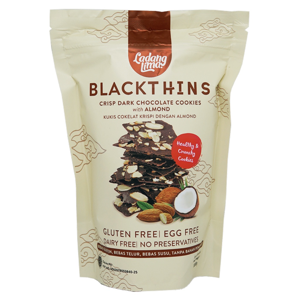 

Ladang Lima | Blackthins | Crips Dark Choco Cookies With Almond | Camilan Sehat Diet | Makanan Ringan | Camilan Bumil Busui | 100gr | Gluten Free Egg Free