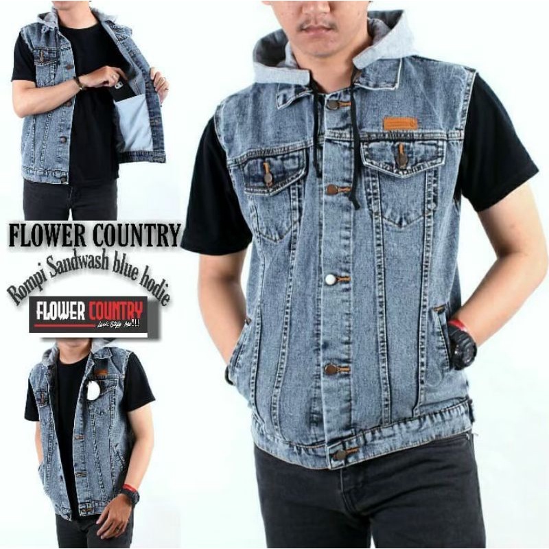 Jaket Jeans Rompi Hoodie Tangan Pendek - Jeans Hoodie Short