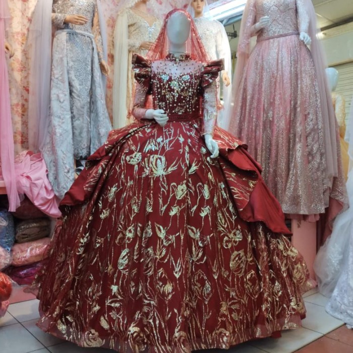 Baju Pengantin Wedding Dress Muslimah Jawa India gaun pengantin /gaun wedding - maroon, All Size