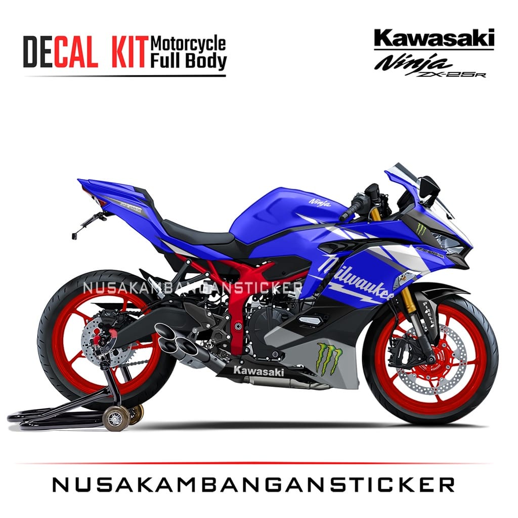 Stiker Decal Motor Kawasaki Ninja ZX 25R Full Body Milwauke Biru Grafis Racing Team Sticker Variasi 