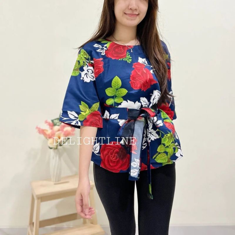 RIBBON BOW TIED TOP BLOUSE WANITA BLACKOUT DELIGHTLINE - MOTIF SAKURA FLOWER - LENGAN PANJANG 7/8-1