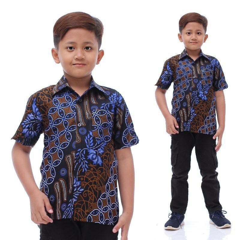 Kemeja Batik Anak Pendek Motif Kobes Abu Usia 1-12 Tahun