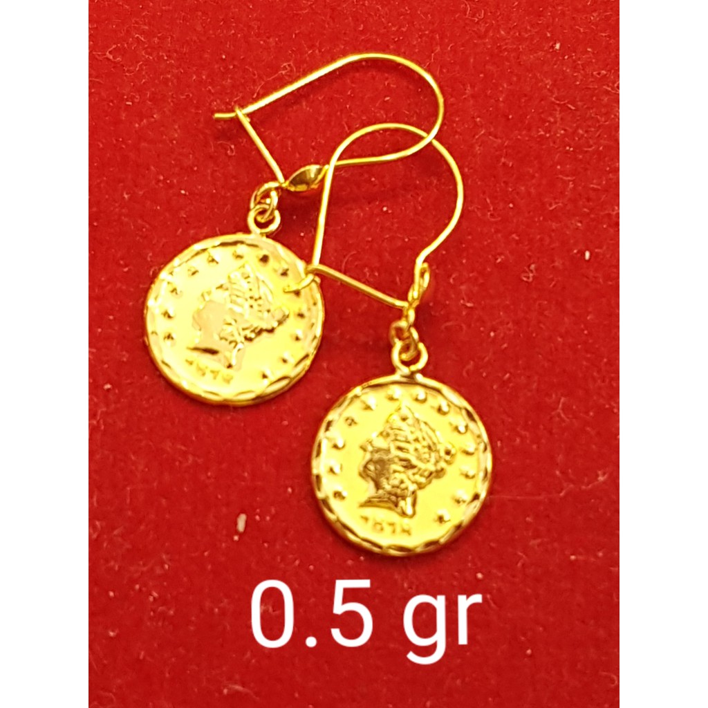 anting anak dan dewasa emas asli kadar 700 70% 16k 22 gold koin paun paon pawon bulat gantung tanpa permata hooks