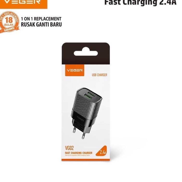 Charger VEGER dual output VG02 fast charging 2.4a / batok charger VEGER 2.4a 2output –BYW.21Jl22ғ