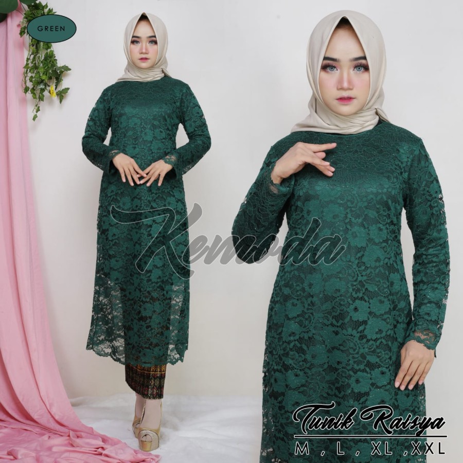 Setelan Kebaya Brukat Tunik Raisya Hijau Botol Mix Plisket