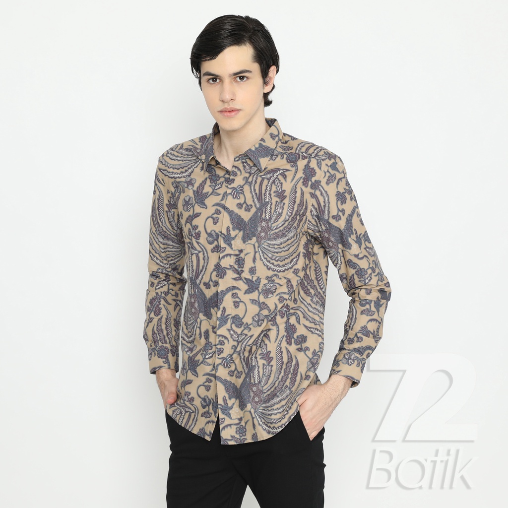 BATIK COUPLE MODERN Kemeja Rok Lilit Instan Batik Pria Lengan Panjang Premium Motif Phoenix Cream 721054 CAP 72