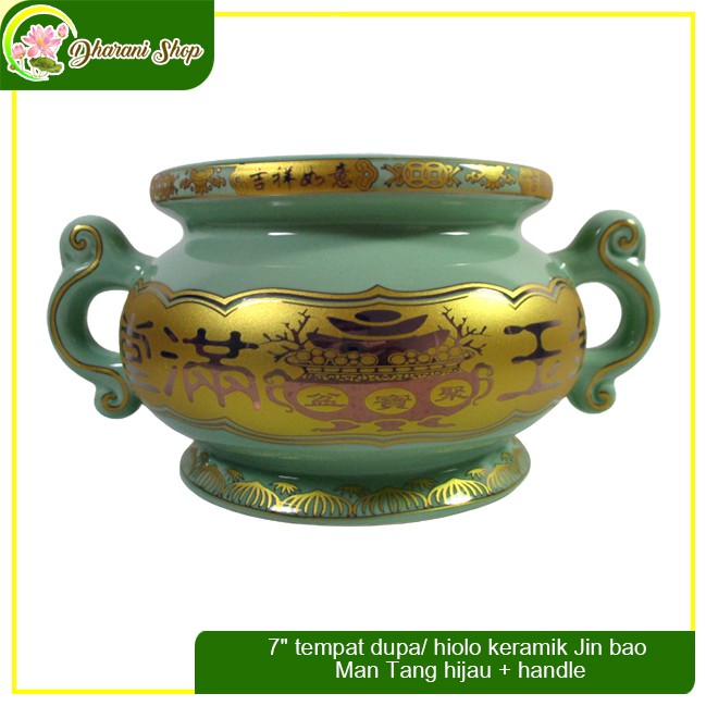7" tempat dupa/ hiolo keramik Jin bao Man Tang hijau + handle