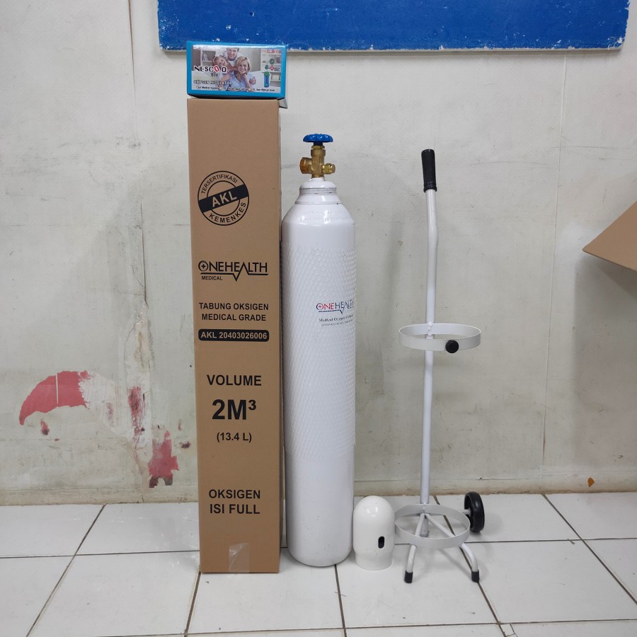 Tabung oksigen 2m3 satu set. tabung 2m3 full isi + regulator set + Troli 2m3 baru semua