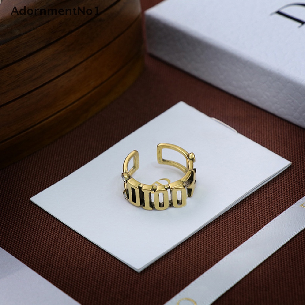 (AdornmentNo1) Cincin Terbuka Gaya Retro Motif Tulisan Bahan Kuningan Untuk Perhiasan Wanita