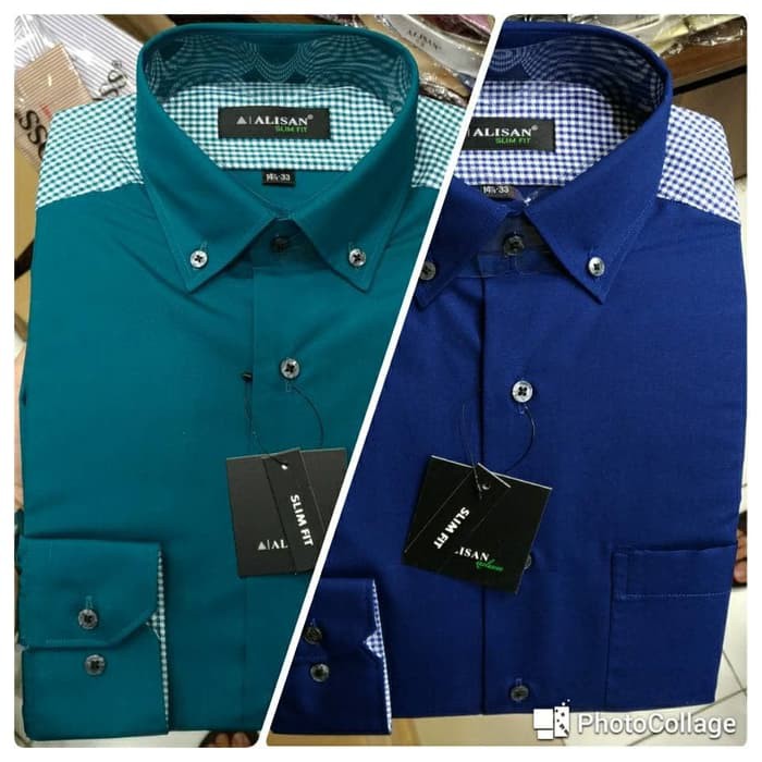 Kemeja Pria Alisan Slimfit Panjang Biru Navy Hijau Tosca Kombi Pundak