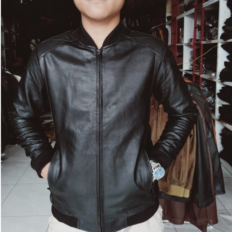 Jaket Kulit Pria Bomber Jacket Leather Asli kulit kambing Anti Gores Original Garut Terbaru Anti Air