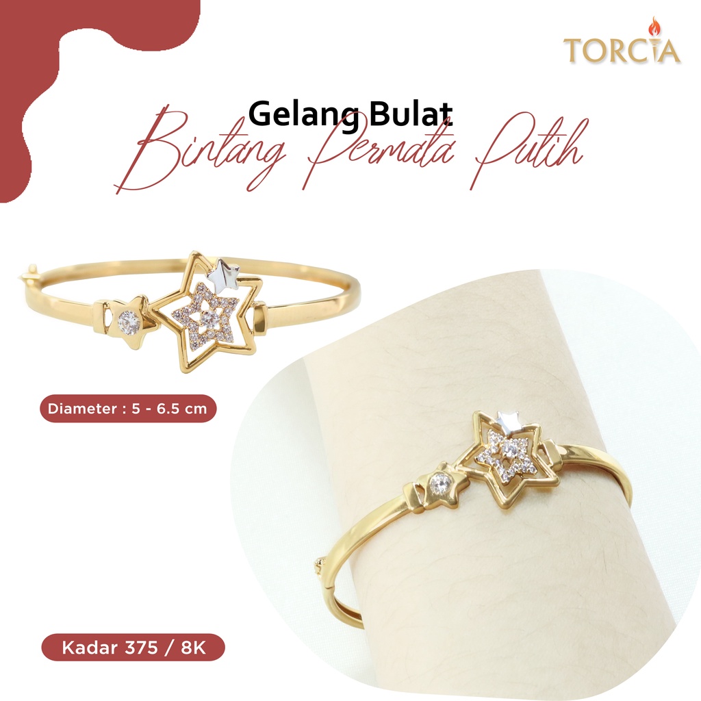 Gelang Bulat Emas Asli Bintang Permata Putih Kadar 375 Torcia
