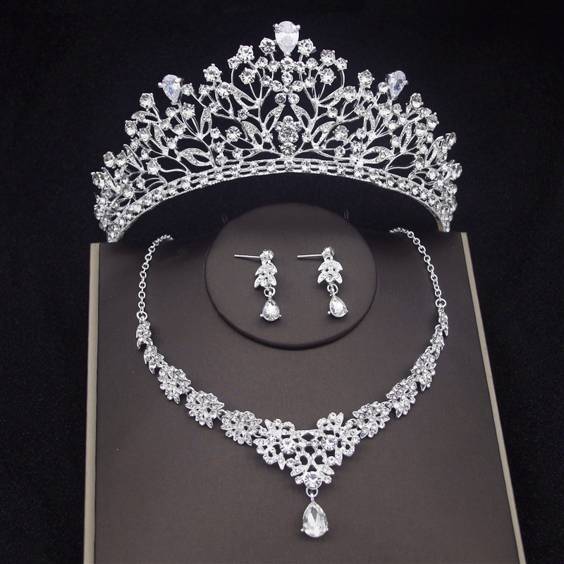 Set Perhiasan Kalung Anting Tiara Mahkota Kristal Untuk Pengantin Wanita