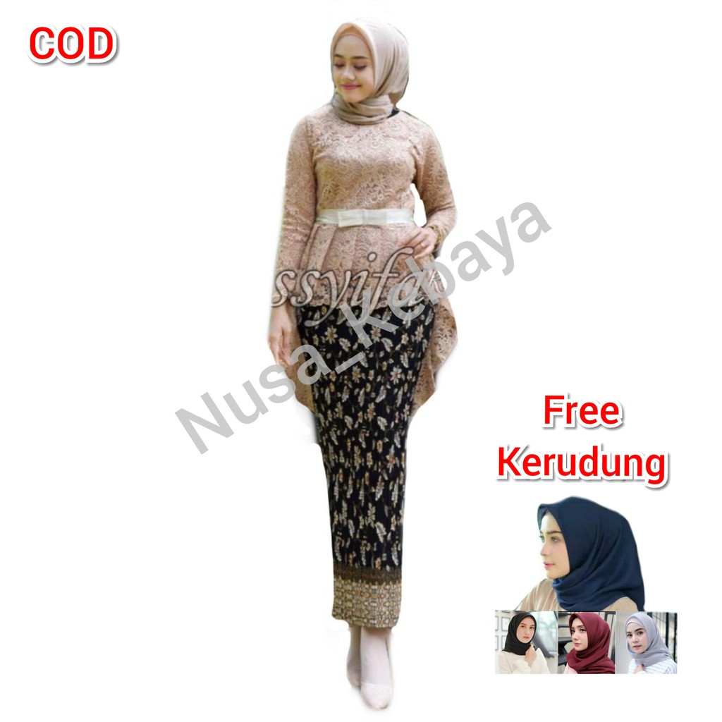 Real Pict Kebaya Pinguin Setelan Kebaya Brokat aurora Mix Rok Plislet Warna Mocca Gold Abu ...