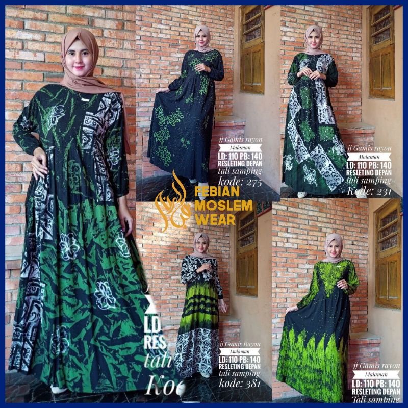 Gamis Rayon Malaman Resleting Depan Tali Samping Batik Cap Termurah Hijau