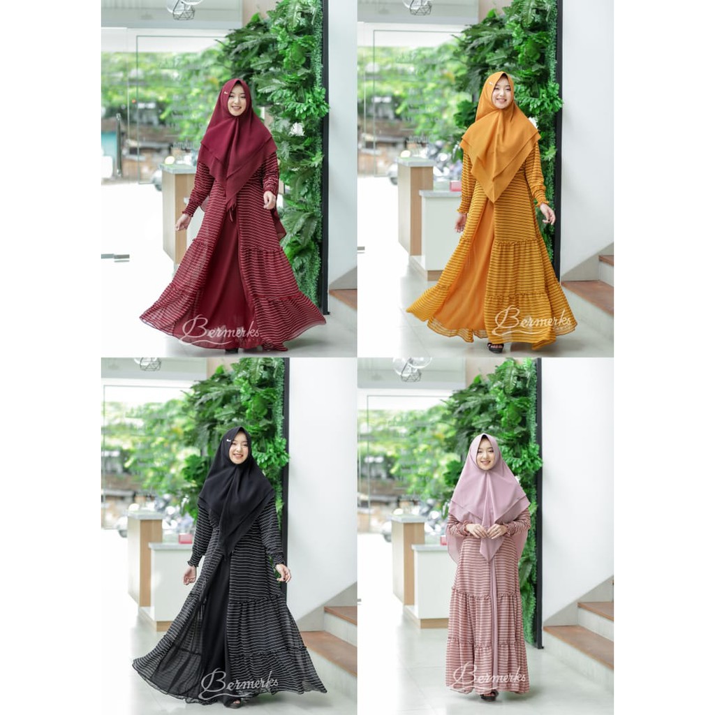 baju gamis terbaru dewasa ceruty  azizah motif garis by bermerks