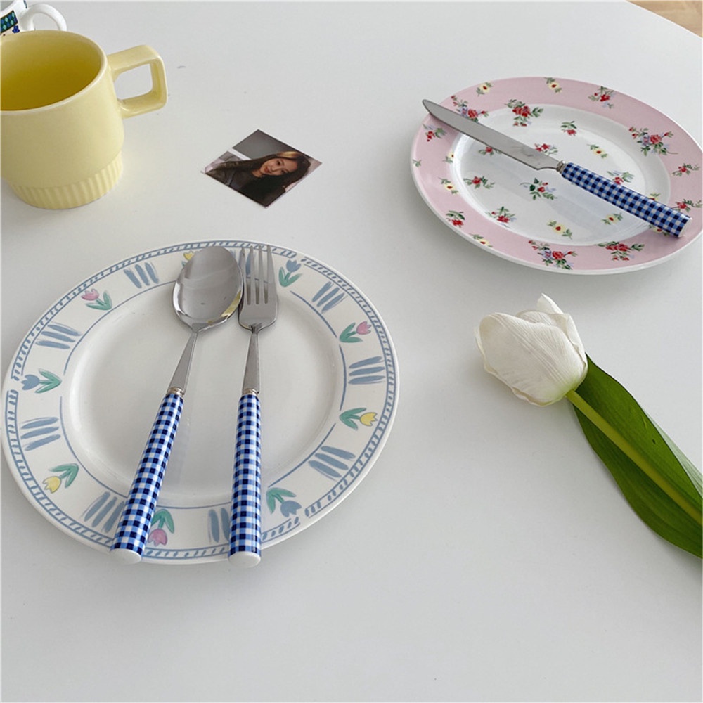 【COD Tangding】Korean INS French Blue and Red Checked Ceramic Handle Tableware Dessert Fork Steak Fork Spoon