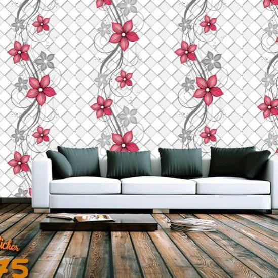 Wallpaper Dinding Stiker Motif Bunga Pink Merah Kotak Ukuran 45 cm x 10 m