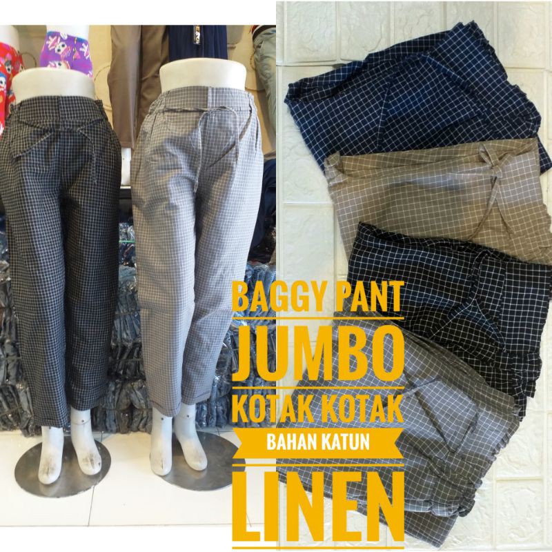 BAGGY PANT JUMBO motif KOTAK bahan KATUN LINEN PREMIUM