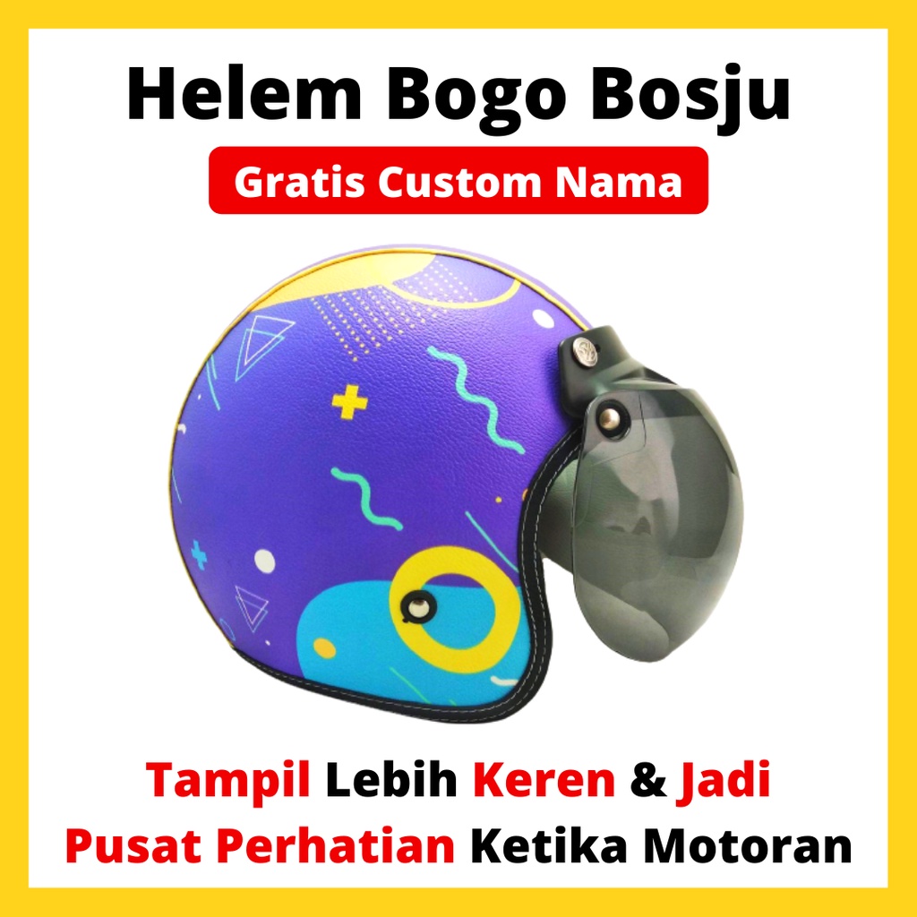 HELM BOGO RETRO KULIT WANITA DEWASA KACA DATAR WARNA WARNI COLORFUL BIRU UNGU SNI - HELEM BOGO BOSJU