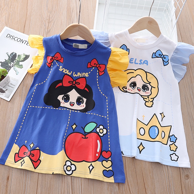 Dress T Shirt anak perempuan import Motif Princess Elsa Snow White Pita