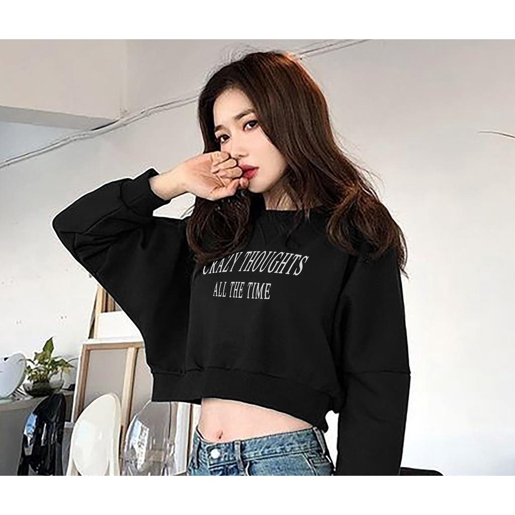 CROP OVERSIZE SWEATER WANITA CRAZY THOUGHTS FLEECE TEBAL HALUS KEKINIAN TERBARU''