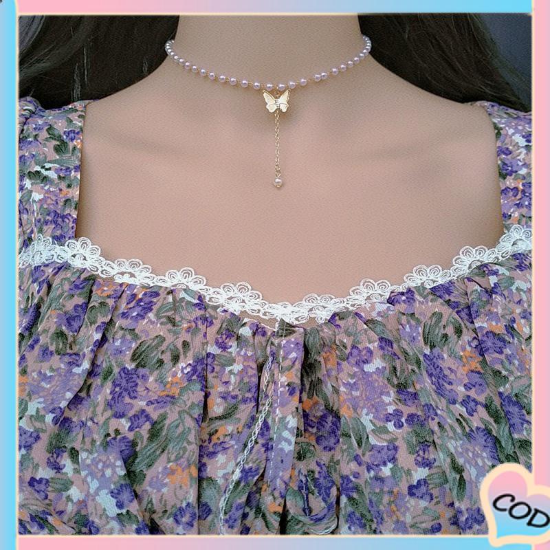 COD❤️ Retro Butterfly Pearl Kalung Lembut Gadis Kecil Cinta Liontin Kalung Rantai Klavikula-A.one