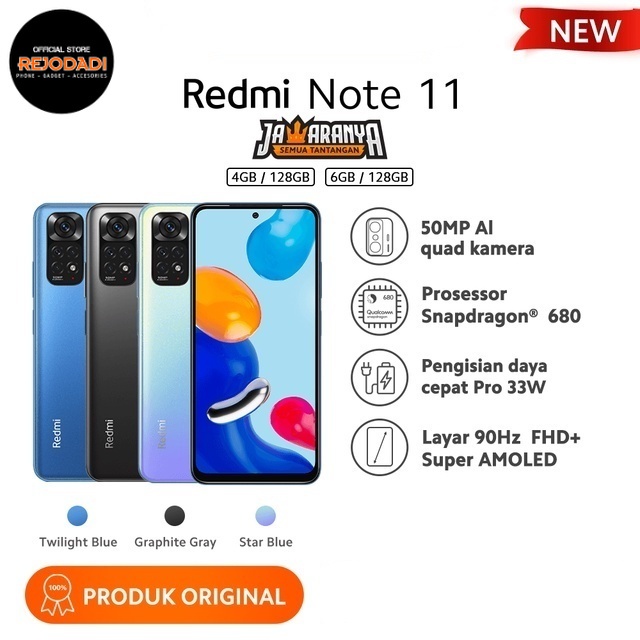 hp xiaomi redmi note 11  6gb 128gb  snapdragon   680 50mp ai quad kamera layar amoled fhd  6 67   90