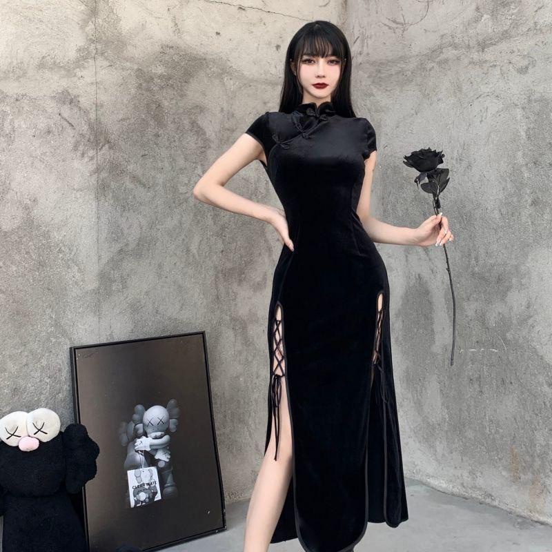 [Goth] Cheongsam Velvet Bodycon Sexy Long Dress 8471 (S/M/L)