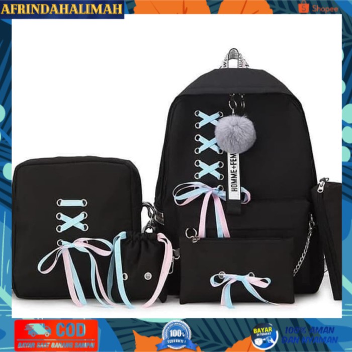 

{TERBARU} Tas Sekolah Ransel Set 4in1 Pita Free Gantungan / Tas Kanvas