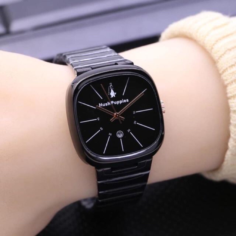 (GOOD QUALITY) Jam Tangan Wanita/Cewek Hush Puppies Segi Full Stainless Tanggal Aktif-B (FULL BLACK)