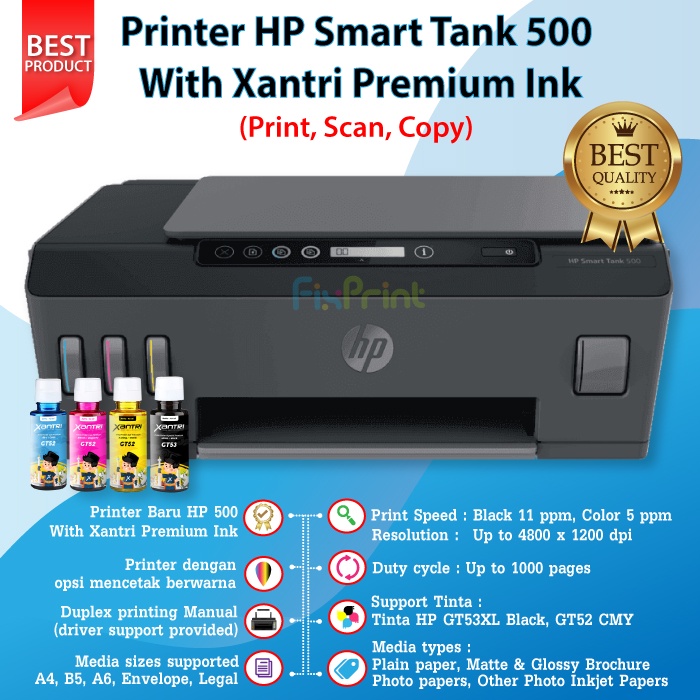 Printer HP Smart Tank 500 Print Scan Copy 4SR29A Tinta HP GT53 GT52