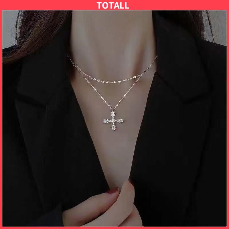 COD Hip Hop Cross Double Layer Necklace Feminin Fashion Micro Inlaid Zircon Pendant-Totall