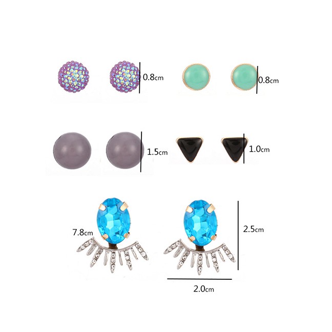 LRC Anting Set Fashion Silver Geometric Alloy Triangle Round Diamond Vertical Stud Earrings 5pair