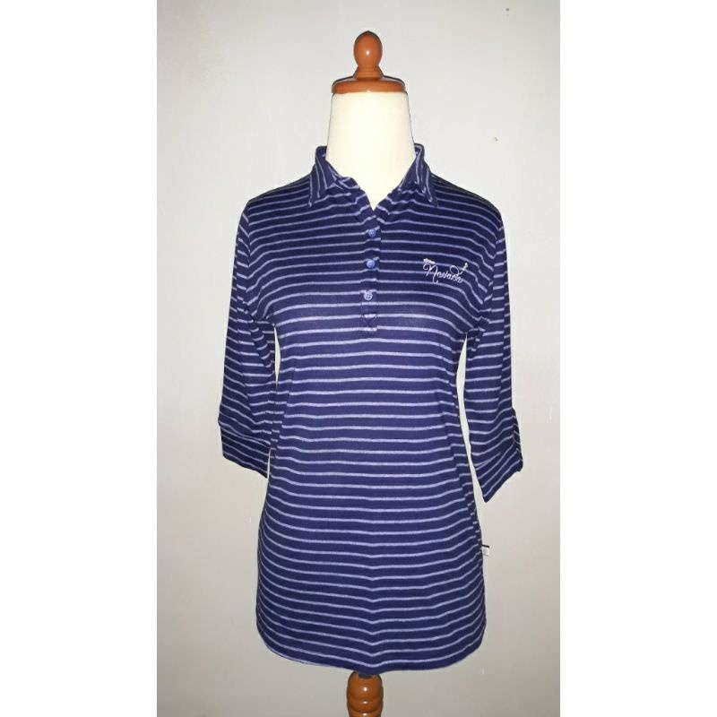 Kaos Preloved Kaos Kerah Nevada Wanita Motif Garis Navy