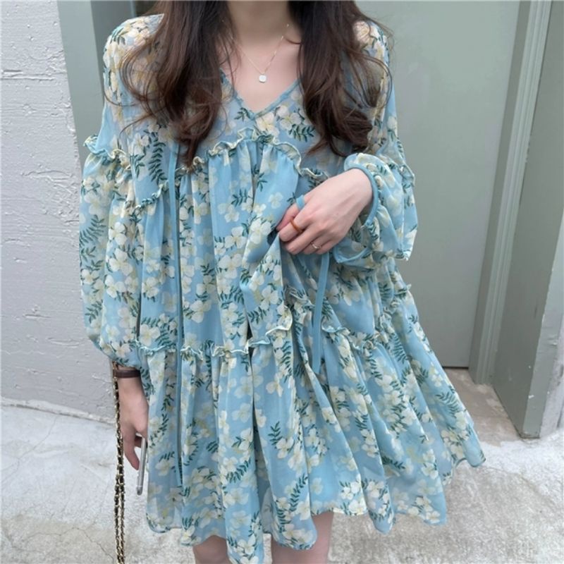 MDLV ~ 6960# Carlotta Loose Mini Dress Babydoll Dress Bigsize Blue Flower Fashion Import