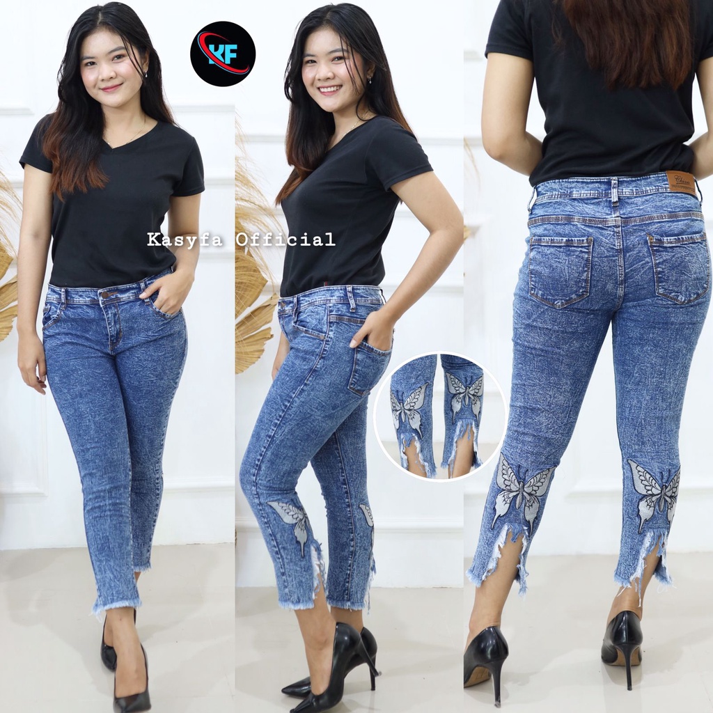 SELBY CELANA JEANS WANITA BORDIR KUPU BACK RIBBON