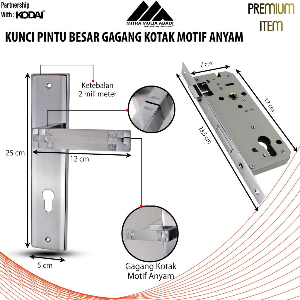 Kunci Pintu Besar Silver Ultima by KODAI | Gagang Kotak Motif Anyam | Full Set