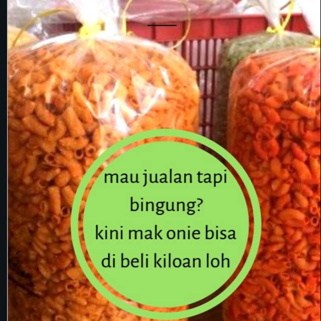 

Mak onie/makaroni/kripik lumpia/ngehe/cemilan/makroni/syari/pedas