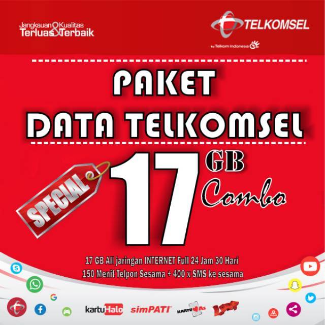 Paket Data Telkomsel 17 Gb Combo All Jaringan 400 Sms 300 Menit Telepon Simpati As Loop Shopee Indonesia